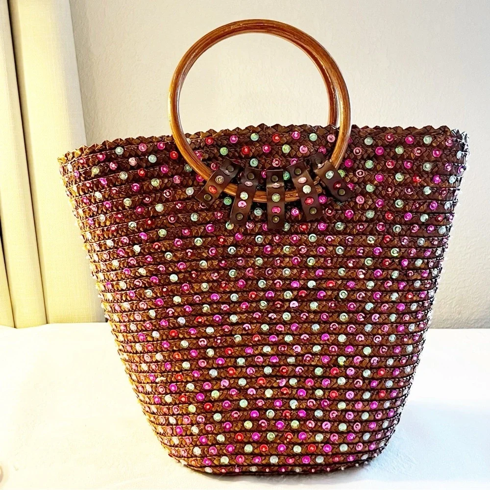 Victoria Secret sequined basket bag with wooden handles. Vintage